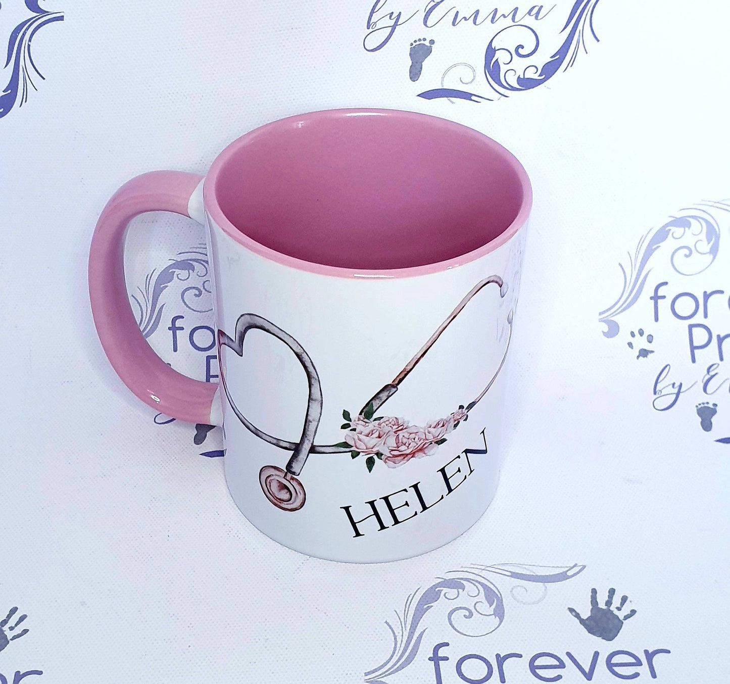 Personalised Stethoscope Mug, Pink Handle, Nurse Gift