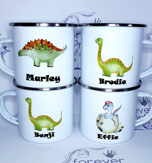 Personalised Dinosaur Mug, Children's Enamel Mug