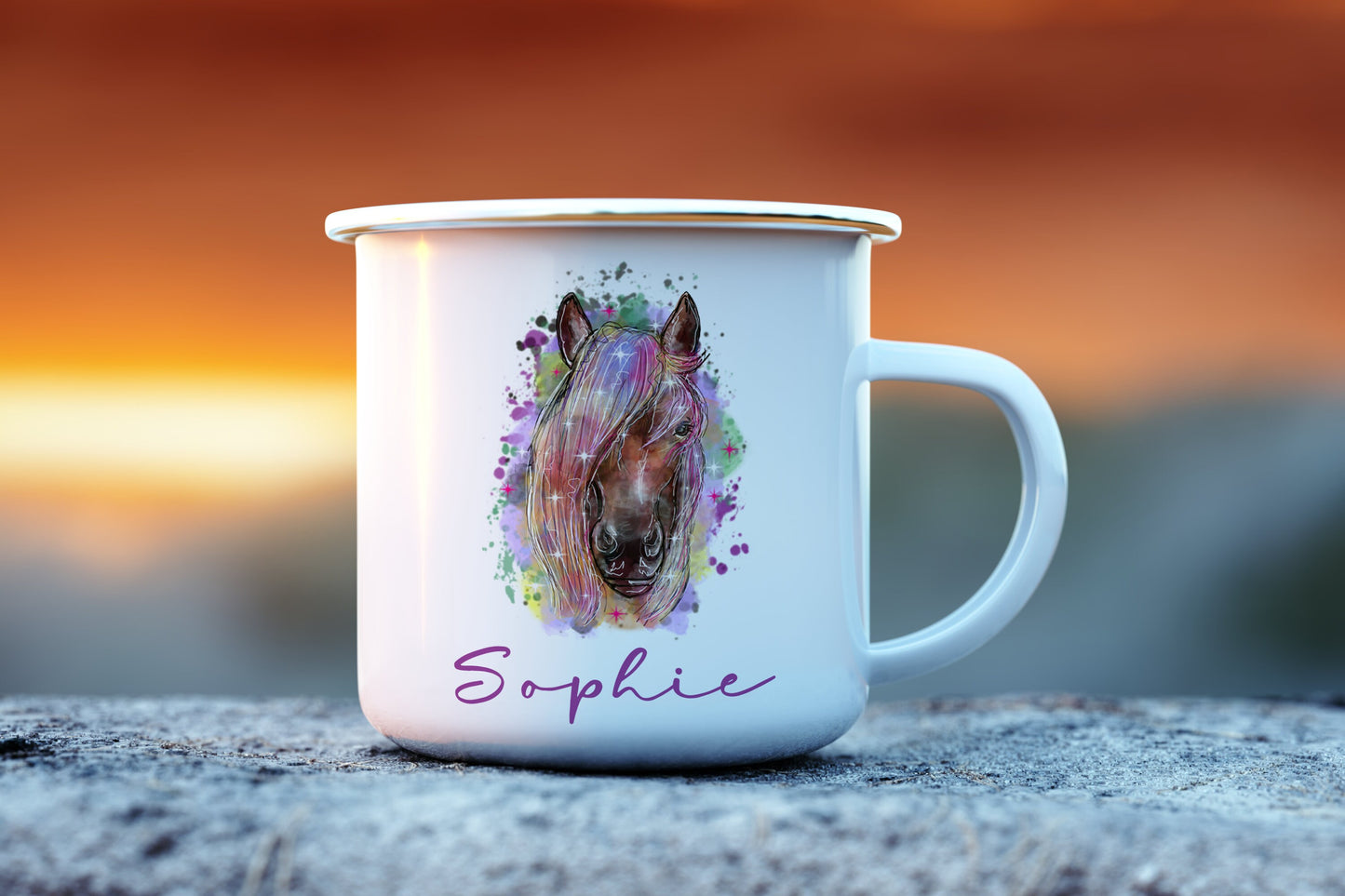 Personalised Horse Enamel Mug | Rainbow Design, Kid's Cup