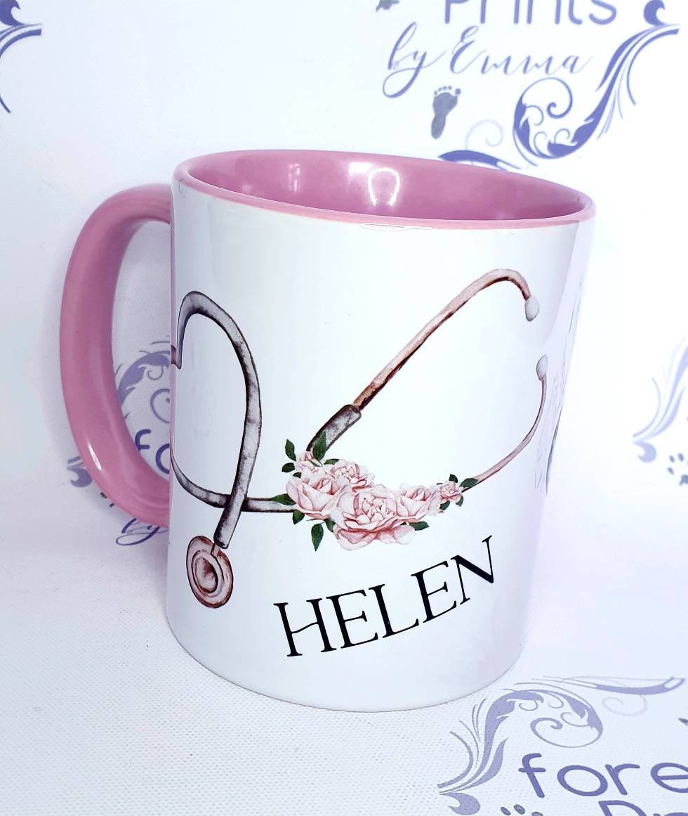 Personalised Stethoscope Mug, Pink Handle, Nurse Gift