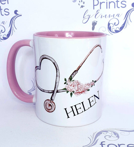Personalised Stethoscope Mug, Pink Handle, Nurse Gift