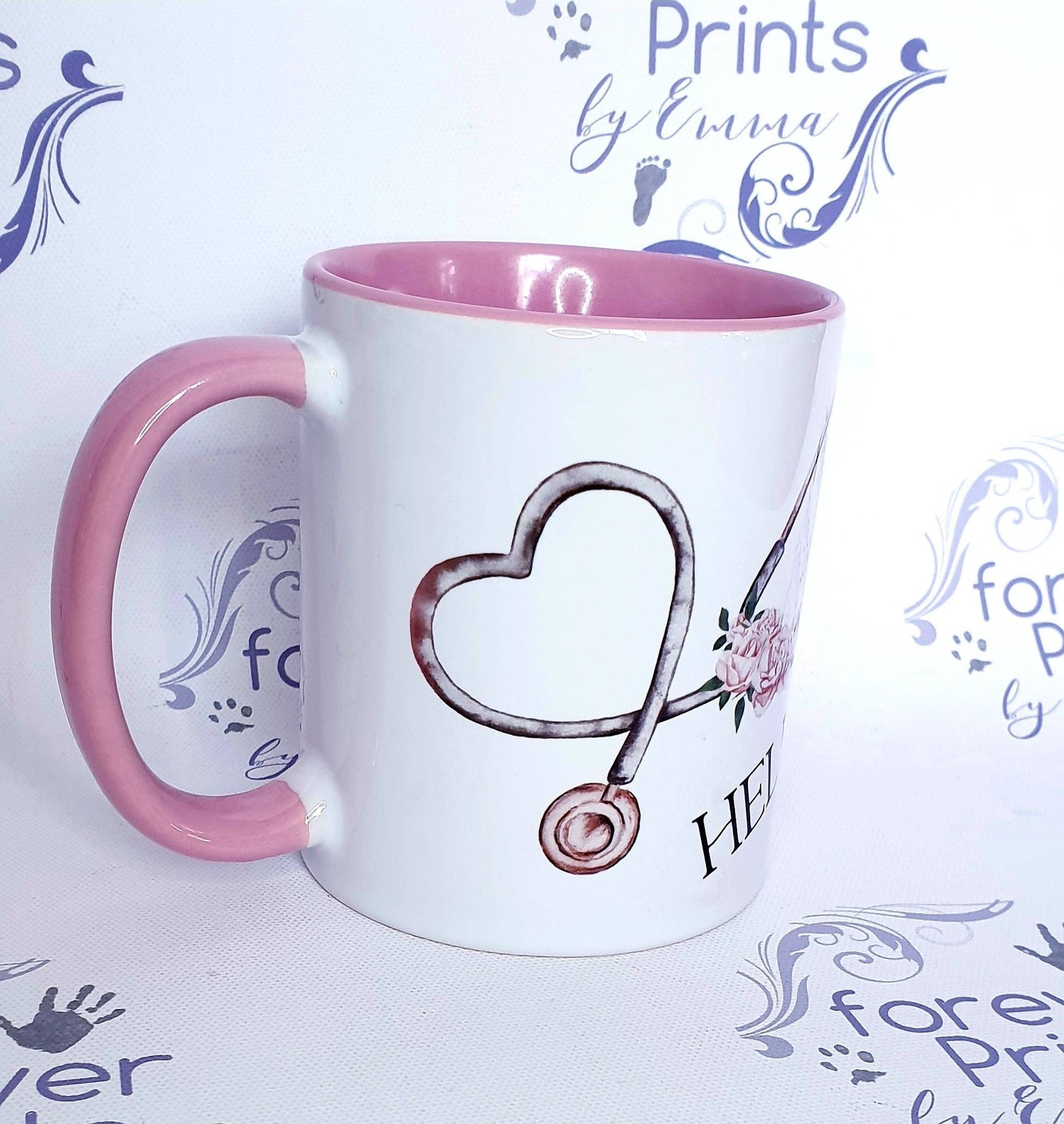 Personalised Stethoscope Mug, Pink Handle, Nurse Gift