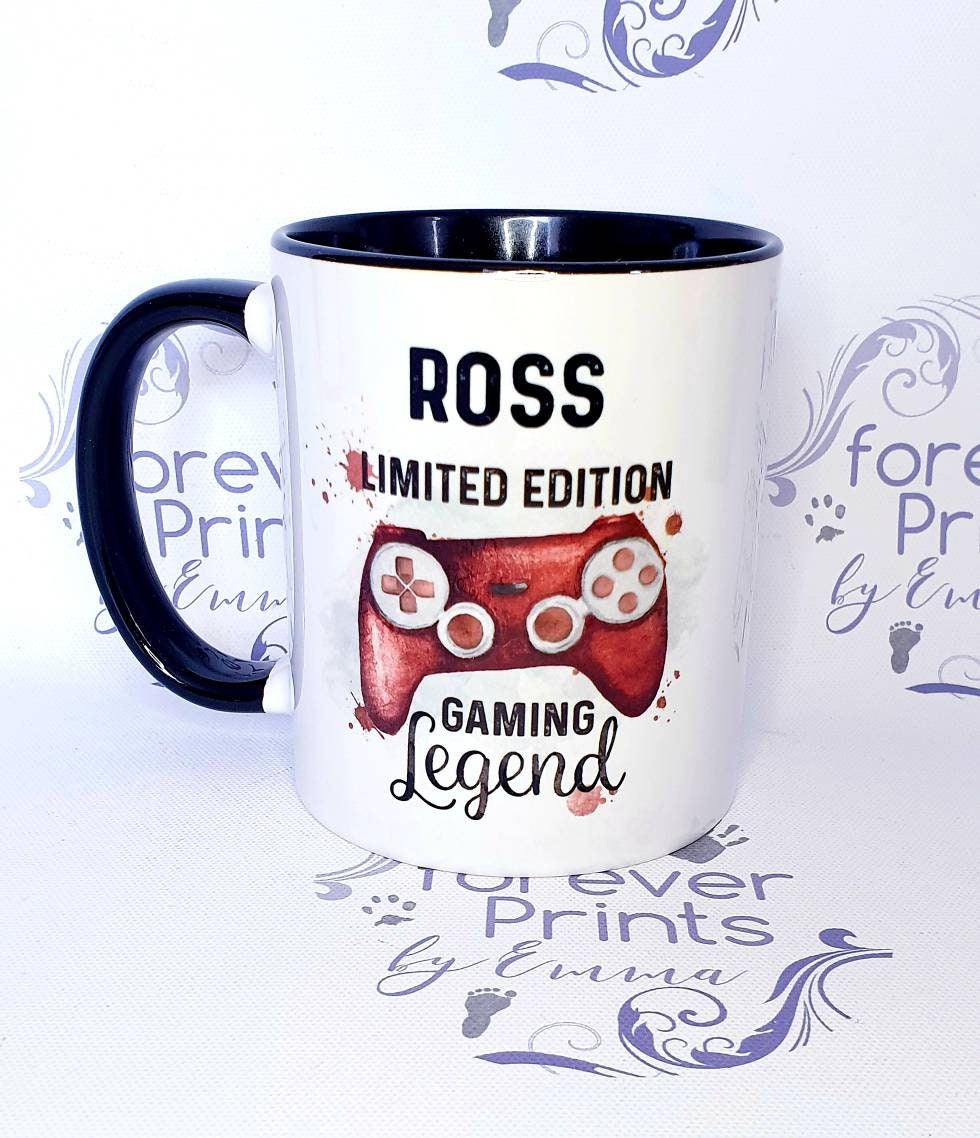 Personalised Gamer Mug, Gaming Legend Gift, Black Inner Handle