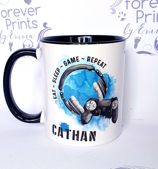 Personalised Gamer Mug, Eat Sleep Game Repeat, Boys Gaming Gift