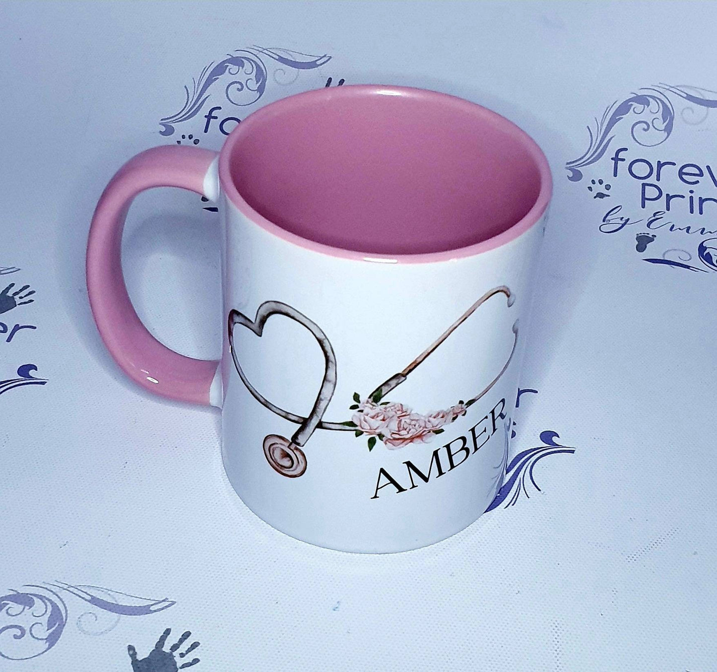 Personalised Stethoscope Mug, Pink Handle, Nurse Gift