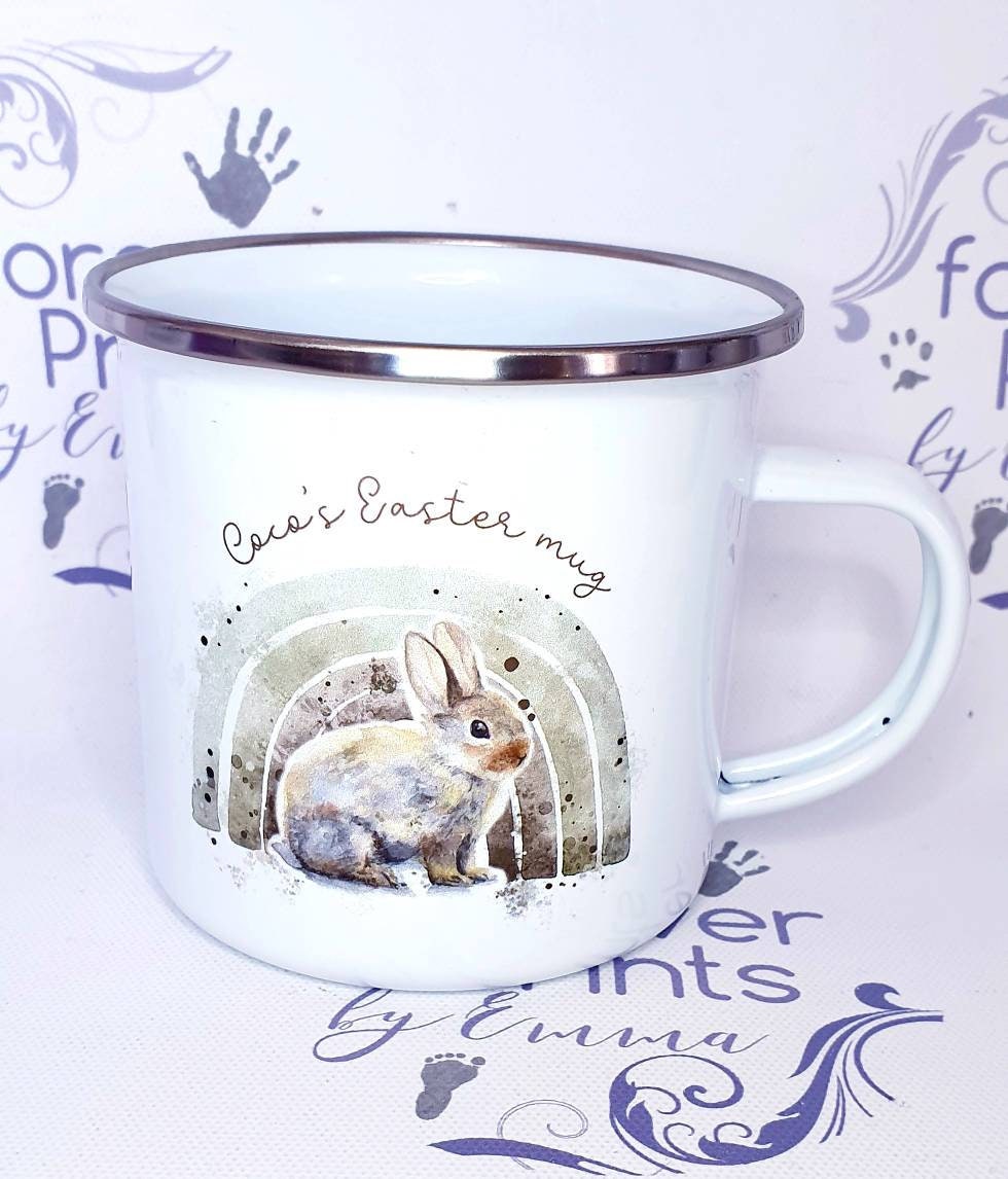 Personalised Easter Enamel Mug, Rainbow Bunny Gift