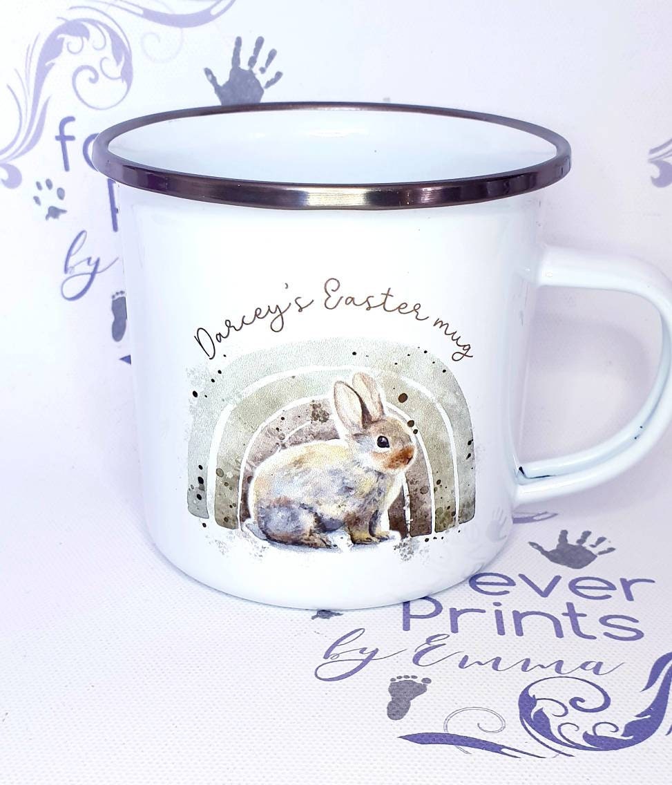Personalised Easter Enamel Mug, Rainbow Bunny Gift