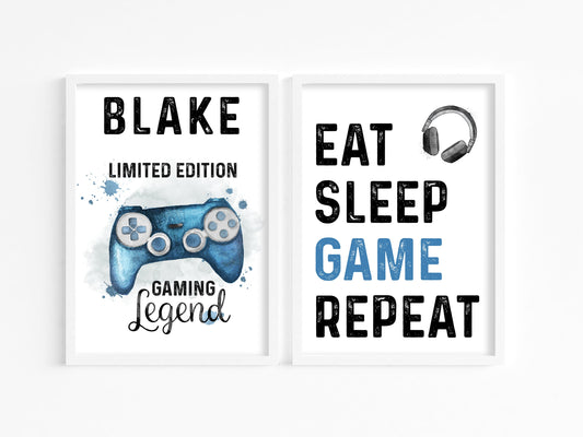 Personalised Gamer Prints, Boys Bedroom Wall Art, Set of 2