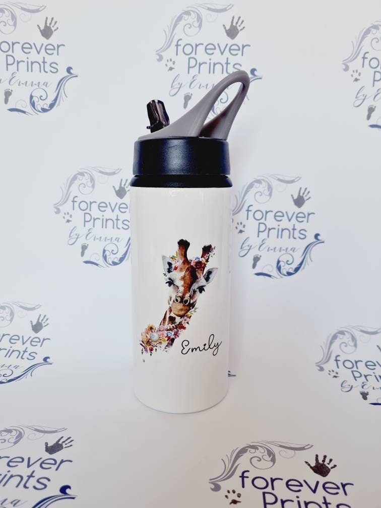 Personalised Giraffe Water Bottle with Straw – School Sports Bottle