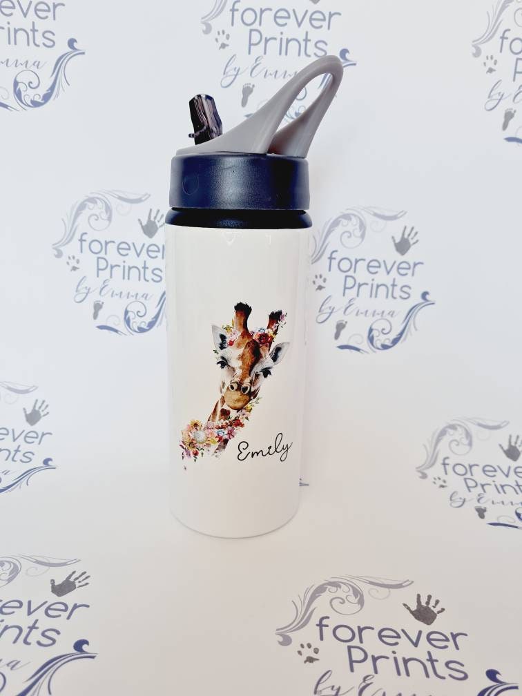 Personalised Giraffe Water Bottle with Straw – School Sports Bottle