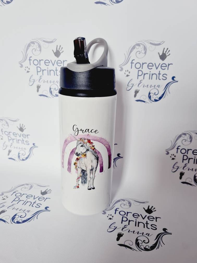 Personalised Unicorn Water Bottle – Integrated Straw Lid, School Sports Bottle