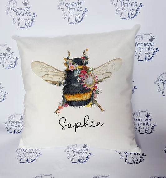 Personalised Bee Cushion, Floral Bee Pillow, Custom Name Gift