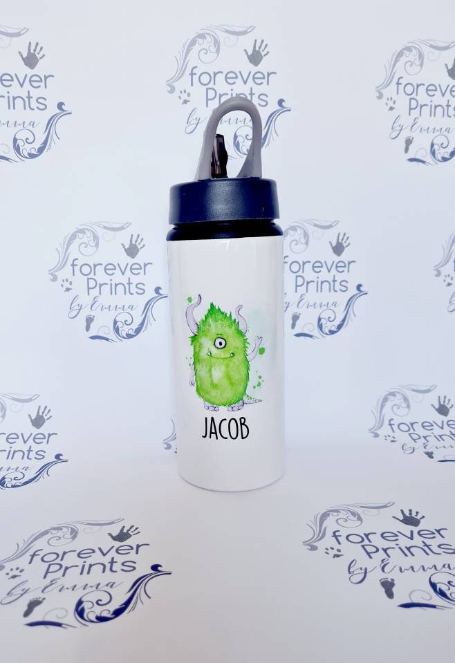 Personalised Monster Water Bottle – Kids School Bottle, Handle & Straw