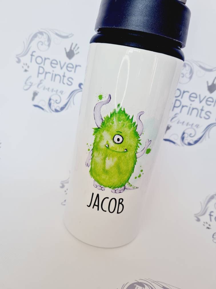 Personalised Monster Water Bottle – Kids School Bottle, Handle & Straw