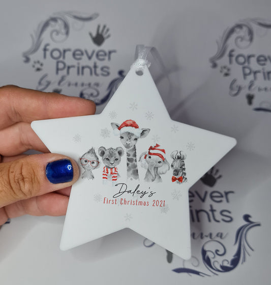 Personalised Safari Animals Christmas Star Decoration, Acrylic Gift