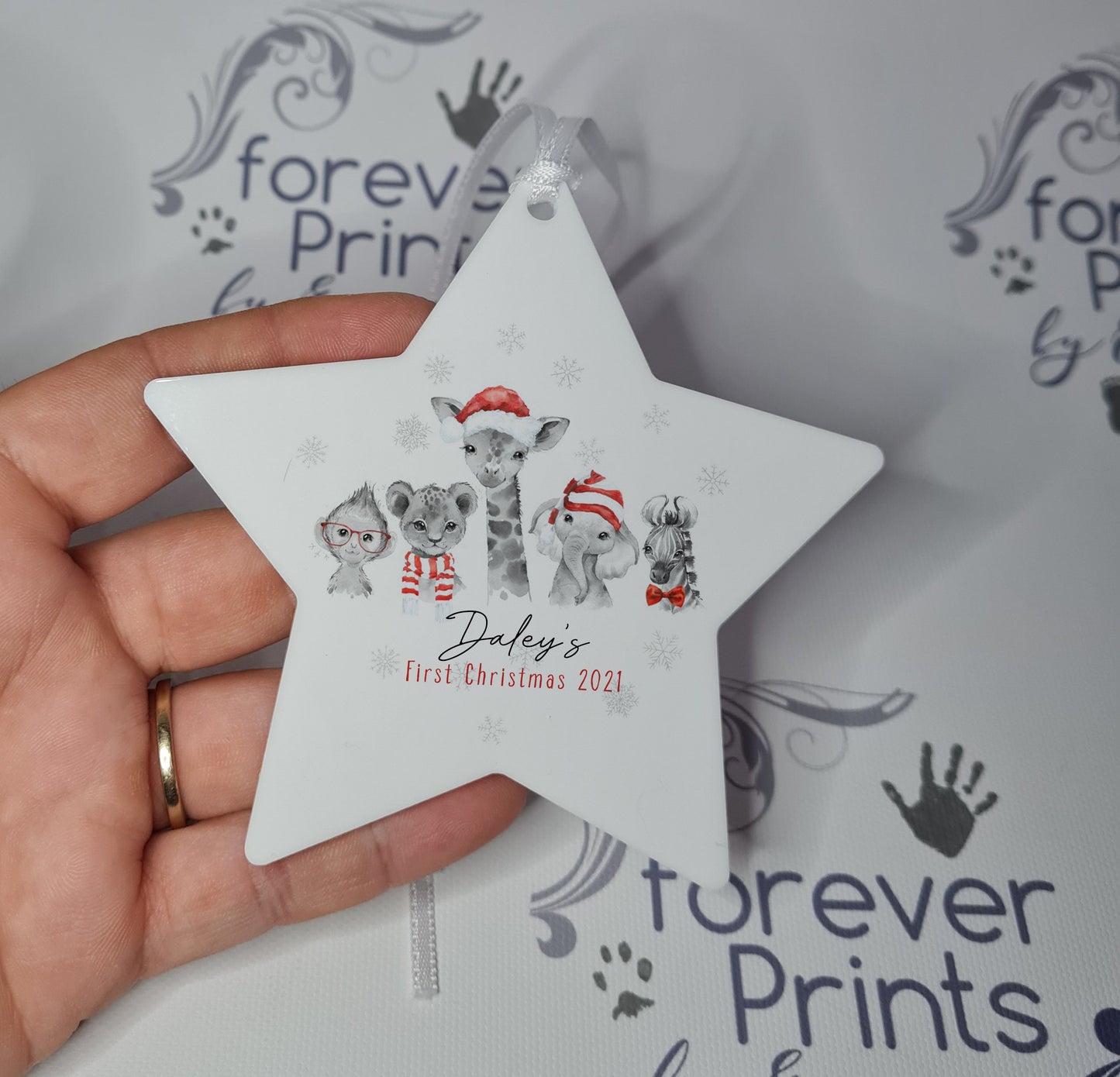 Personalised Safari Animals Christmas Star Decoration, Acrylic Gift