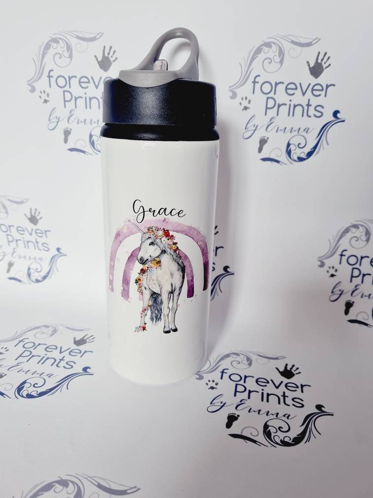 Personalised Unicorn Water Bottle – Integrated Straw Lid, School Sports Bottle