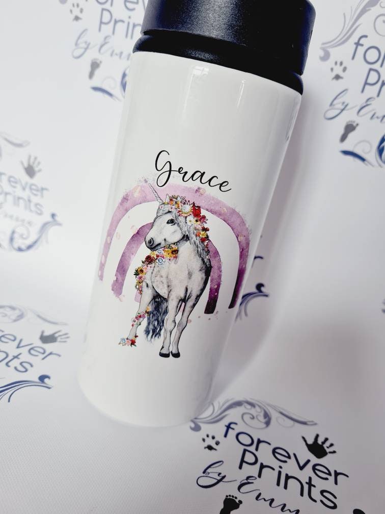 Personalised Unicorn Water Bottle – Integrated Straw Lid, School Sports Bottle