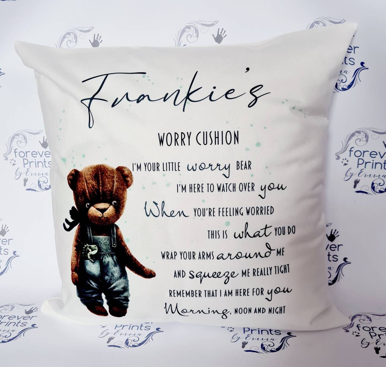Personalised Teddy Worry Pillow, Kids Comfort Cushion
