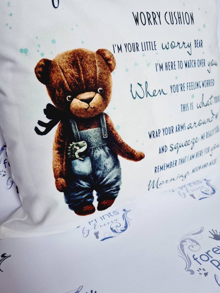 Personalised Teddy Worry Pillow, Kids Comfort Cushion