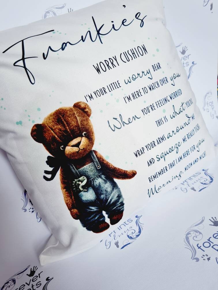 Personalised Teddy Worry Pillow, Kids Comfort Cushion