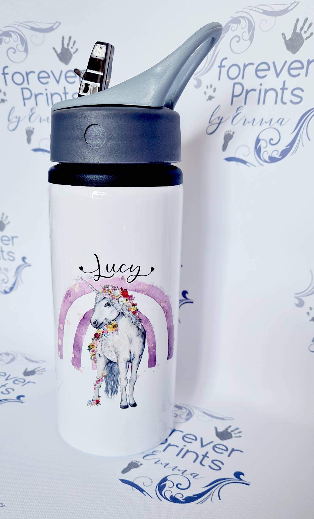 Personalised Unicorn Water Bottle – Integrated Straw Lid, School Sports Bottle