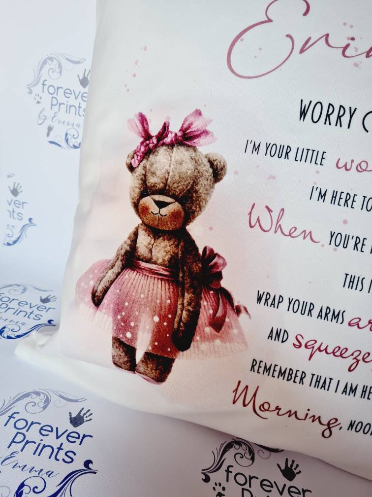 Personalised Teddy Worry Pillow, Kids Comfort Cushion