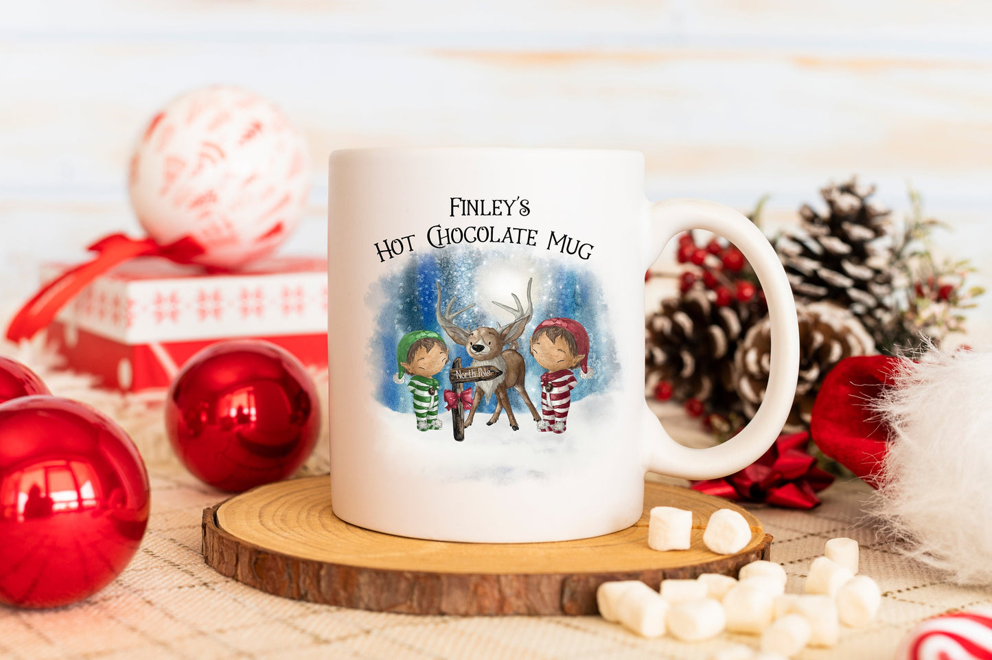 Personalised Christmas Mug, Reindeer and Elves, Childs Hot Chocolate