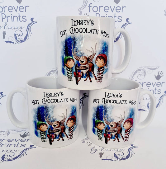 Personalised Christmas Mug, Reindeer and Elves, Childs Hot Chocolate