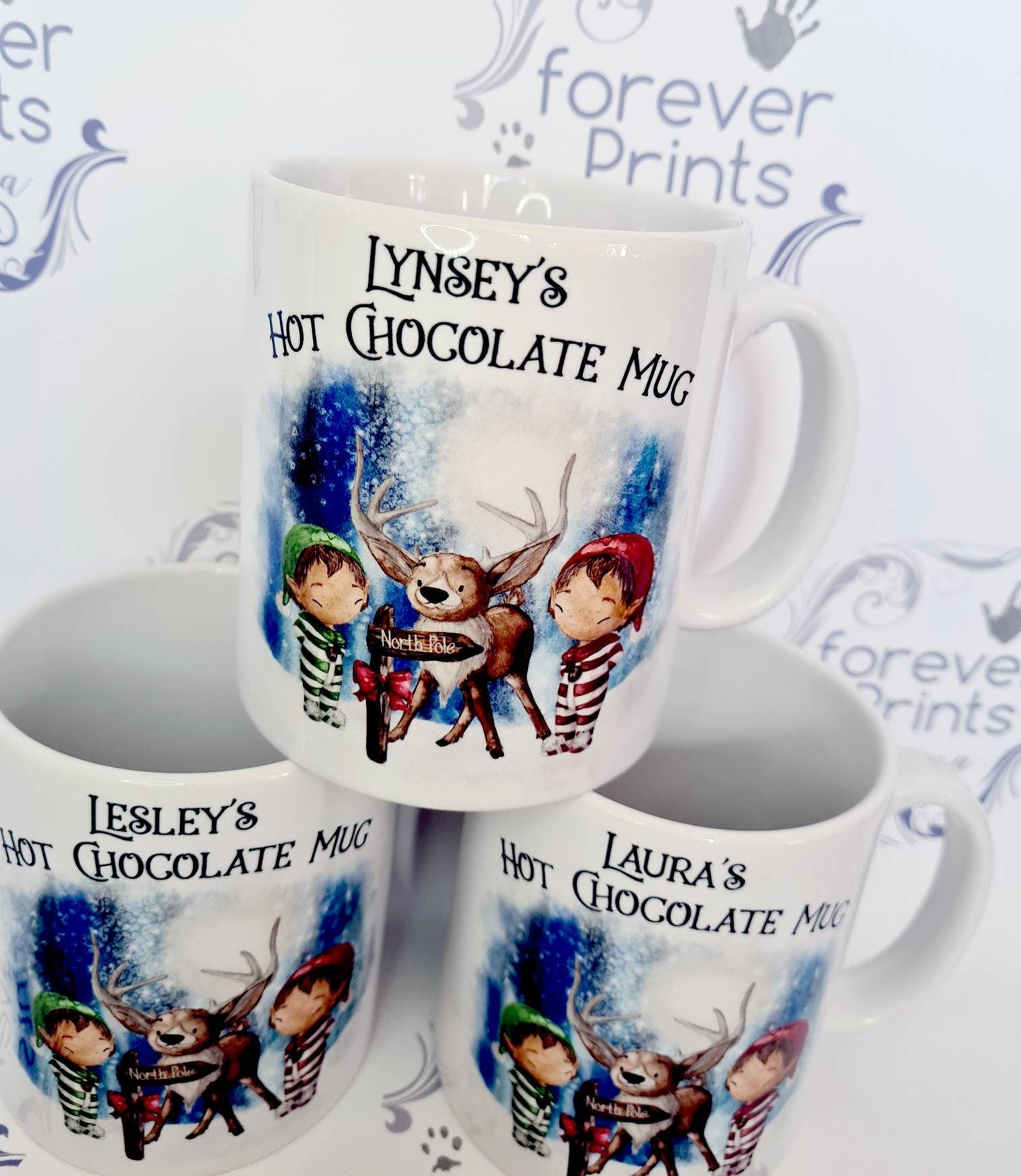 Personalised Christmas Mug, Reindeer and Elves, Childs Hot Chocolate