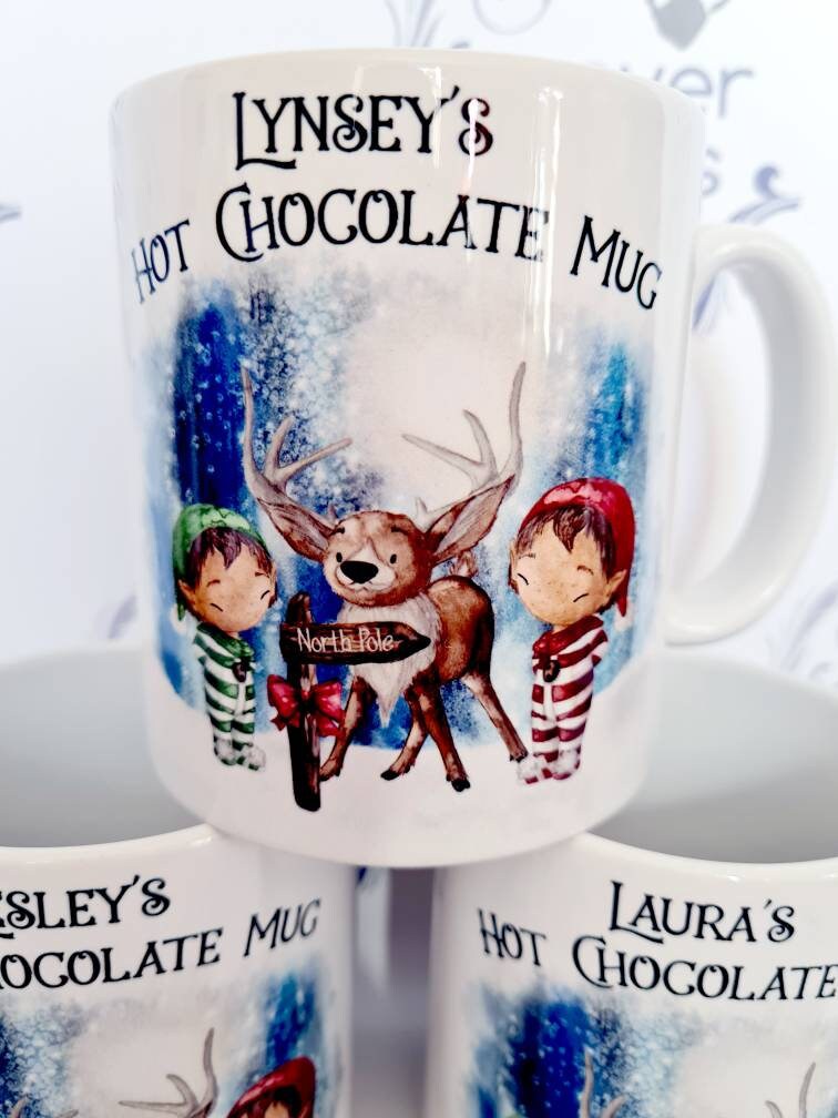 Personalised Christmas Mug, Reindeer and Elves, Childs Hot Chocolate