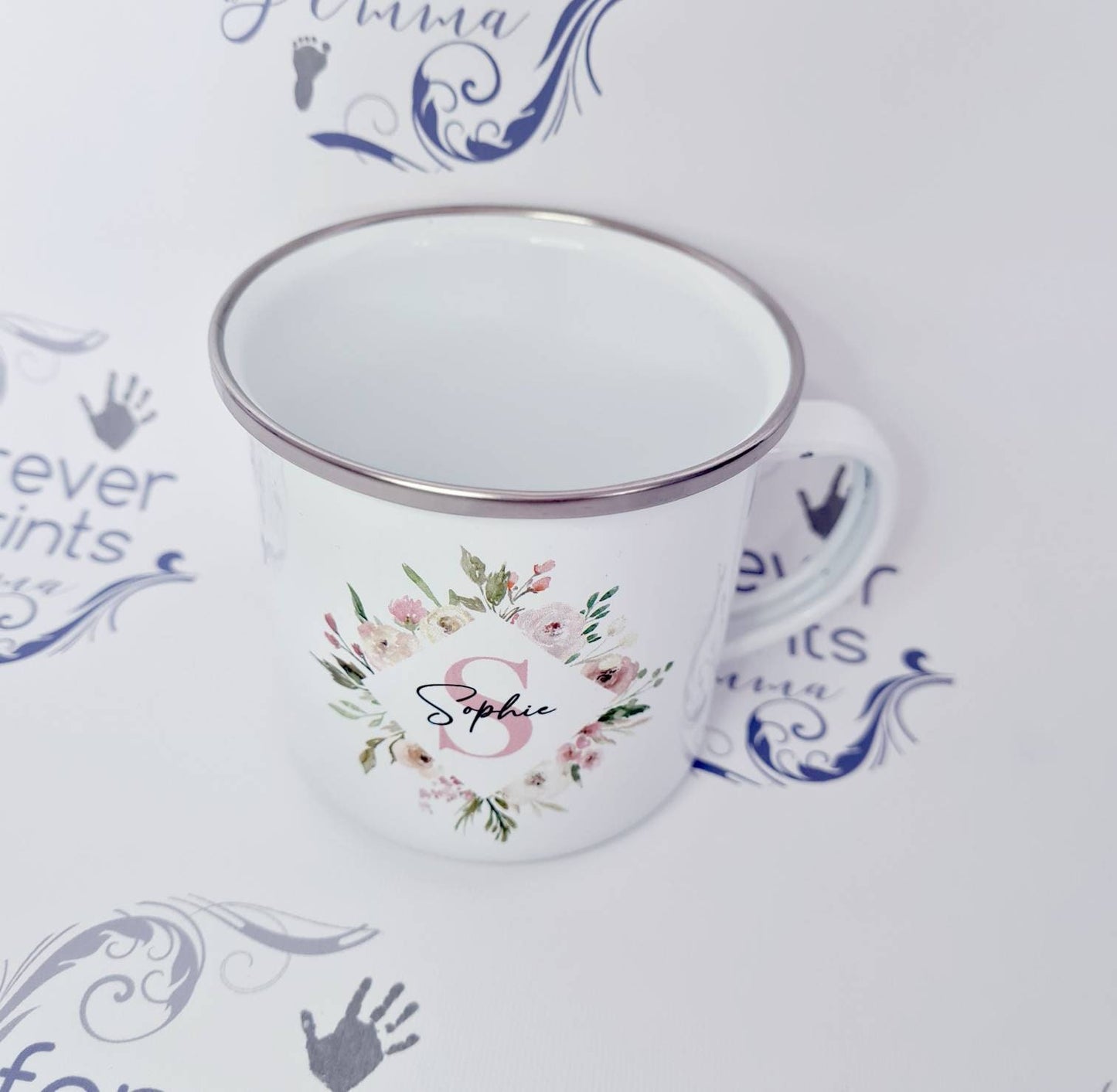 Personalised Floral Initial Enamel Mug, Custom Name Mug, 12oz