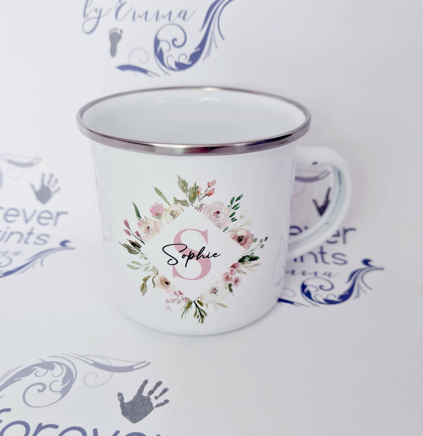 Personalised Floral Initial Enamel Mug, Custom Name Mug, 12oz