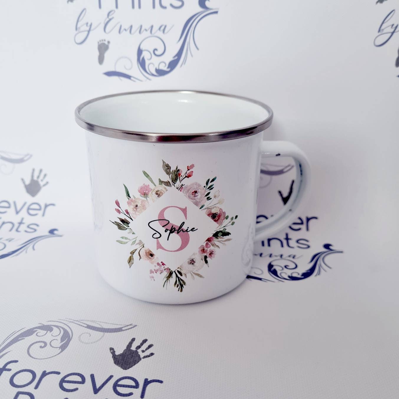 Personalised Floral Initial Enamel Mug, Custom Name Mug, 12oz