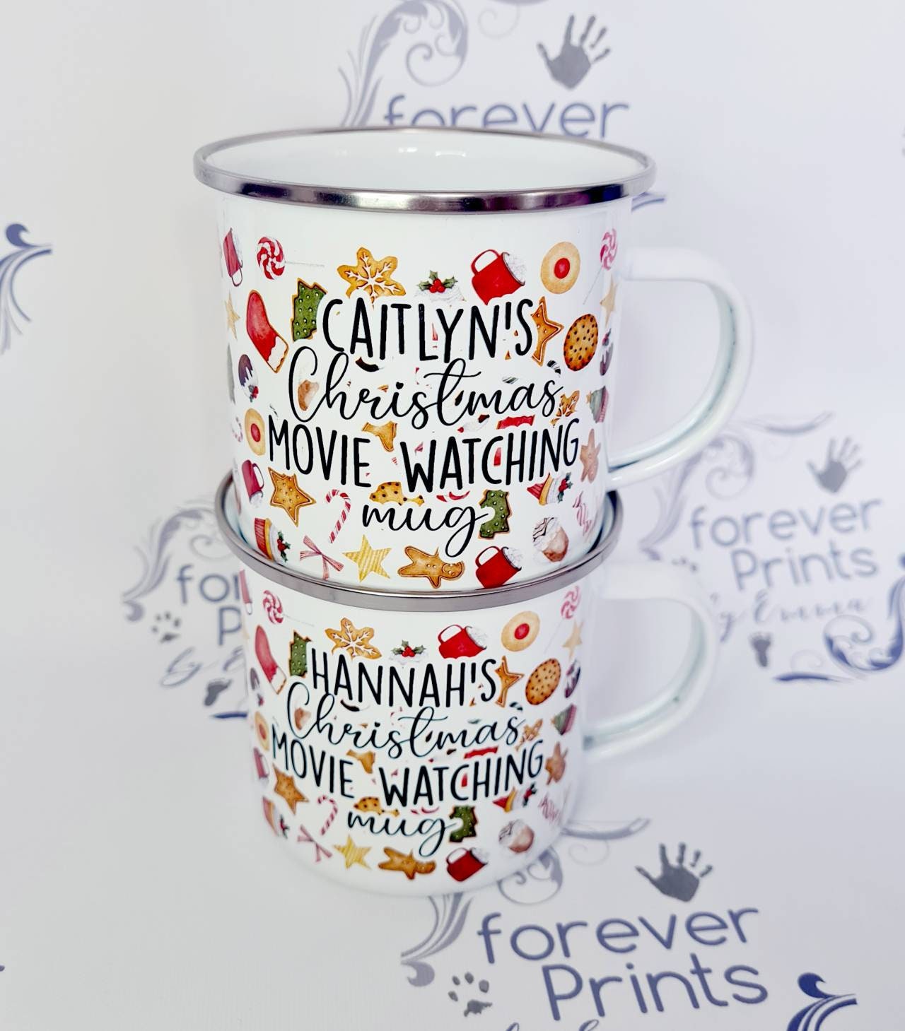 Personalised Christmas Movie Watching Enamel Mug, Festive Mug