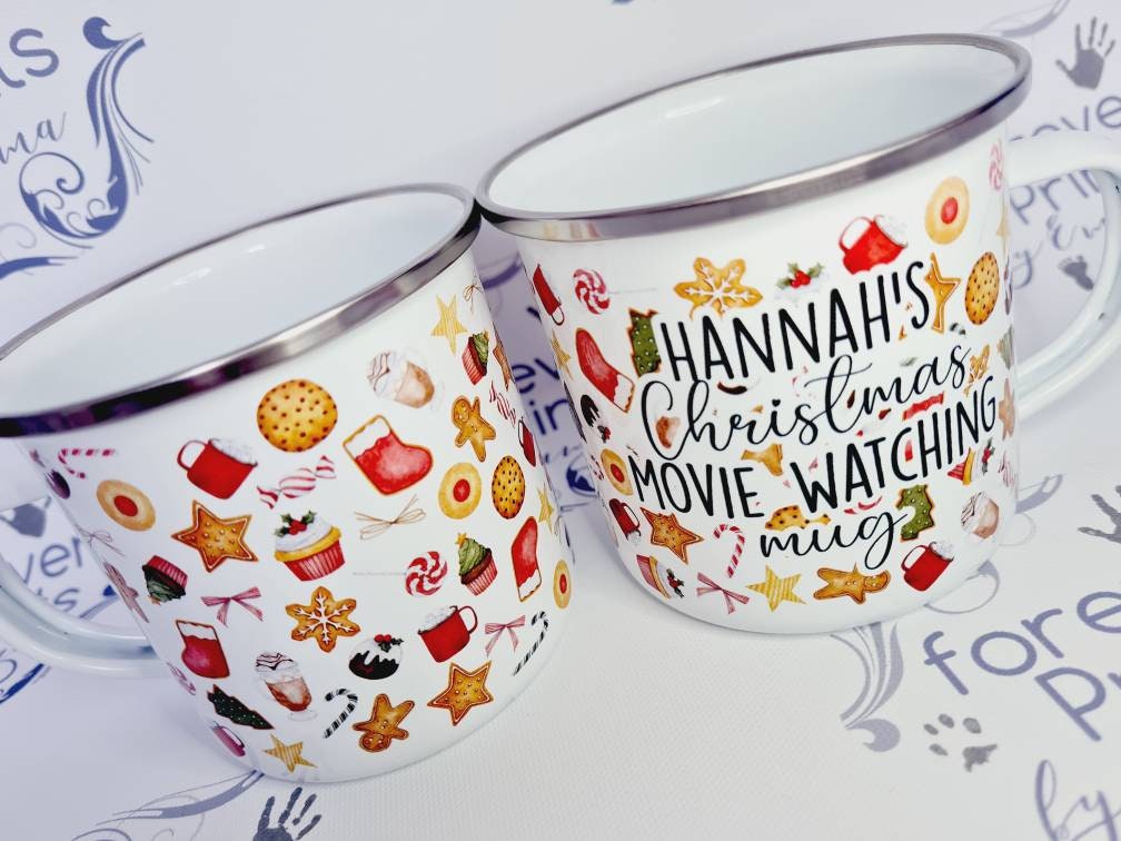Personalised Christmas Movie Watching Enamel Mug, Festive Mug