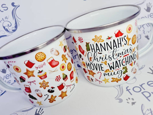 Personalised Christmas Movie Watching Enamel Mug, Festive Mug