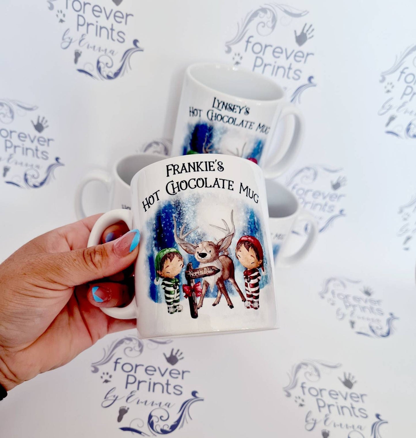 Personalised Christmas Mug, Reindeer and Elves, Childs Hot Chocolate
