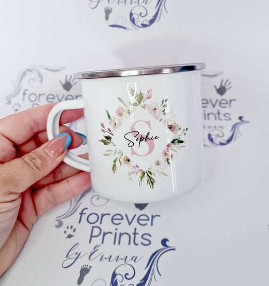 Personalised Floral Initial Enamel Mug, Custom Name Mug, 12oz
