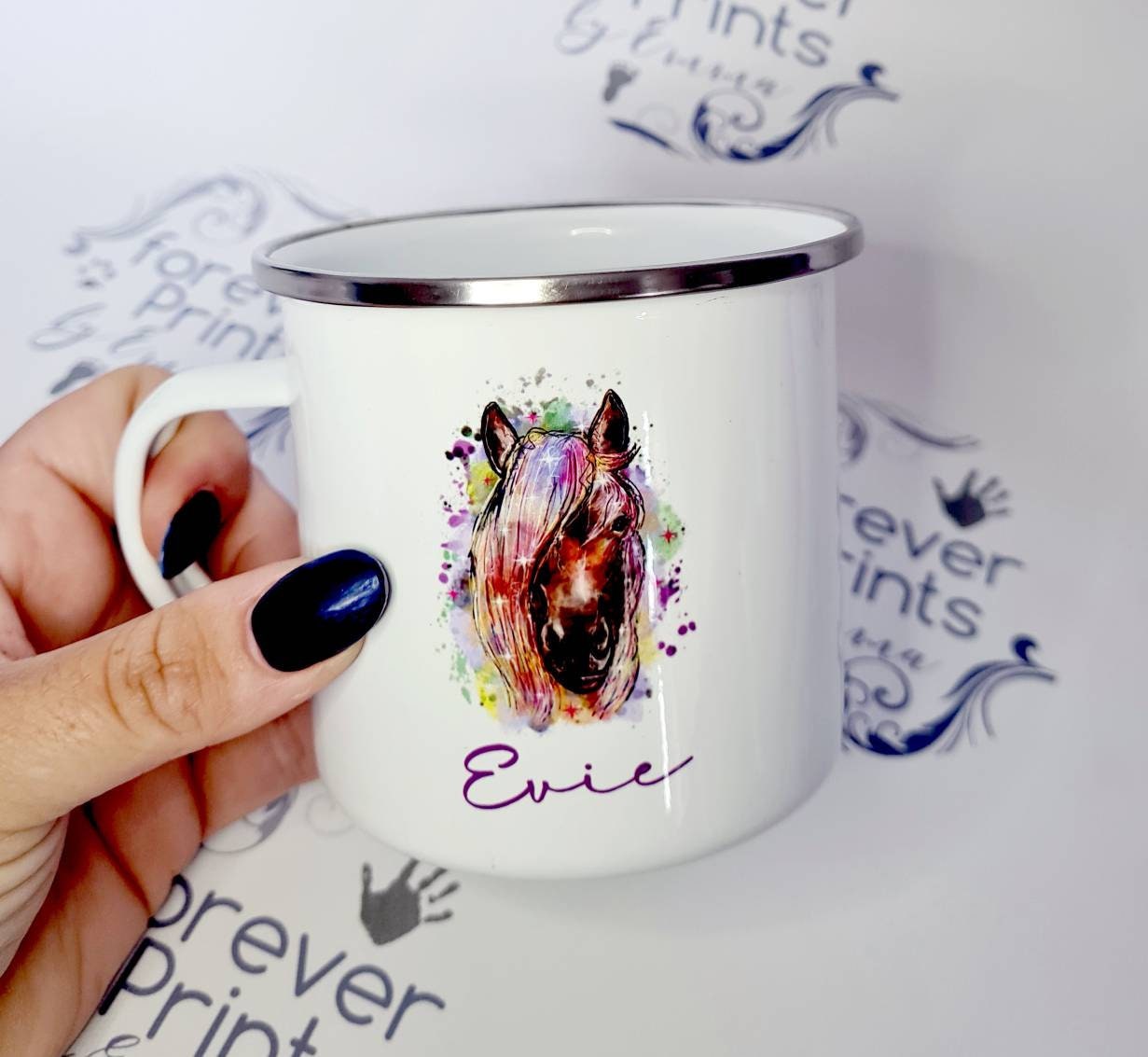 Personalised Horse Enamel Mug | Rainbow Design, Kid's Cup