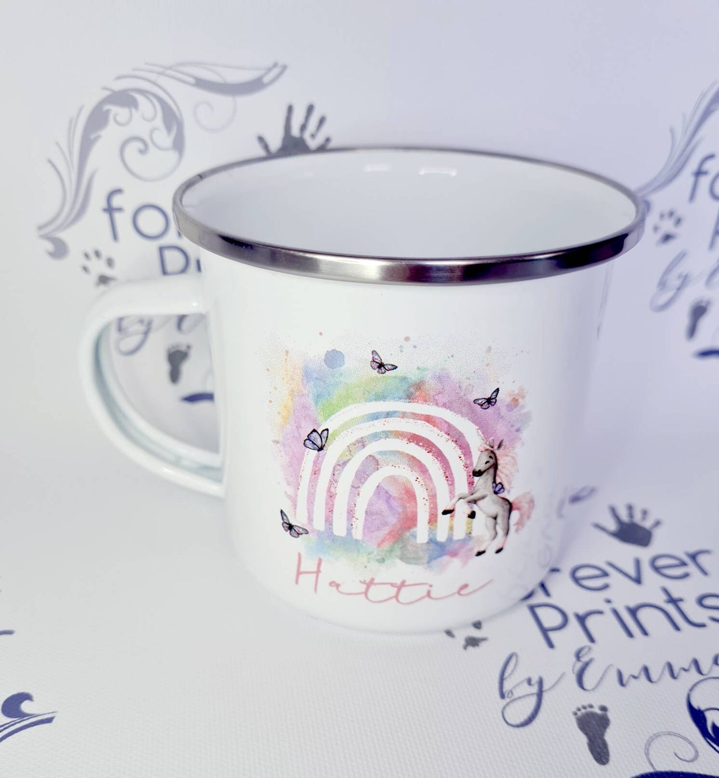 Personalised Unicorn Enamel Mug | Rainbow Butterfly Design