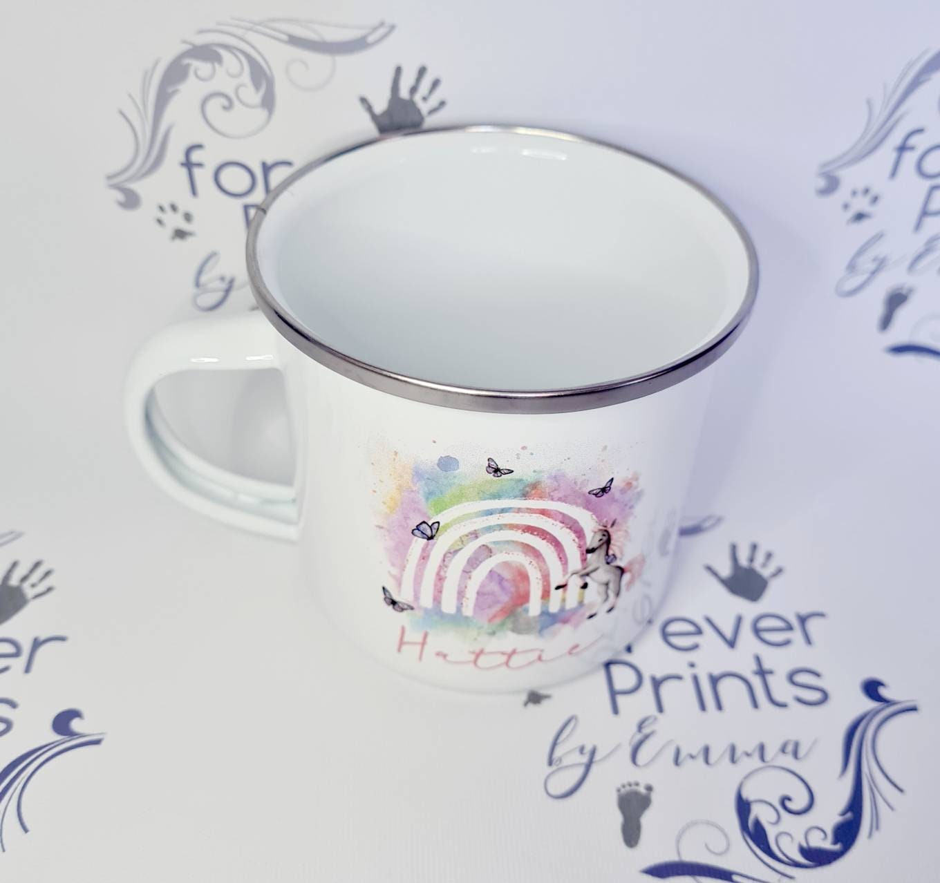 Personalised Unicorn Enamel Mug | Rainbow Butterfly Design