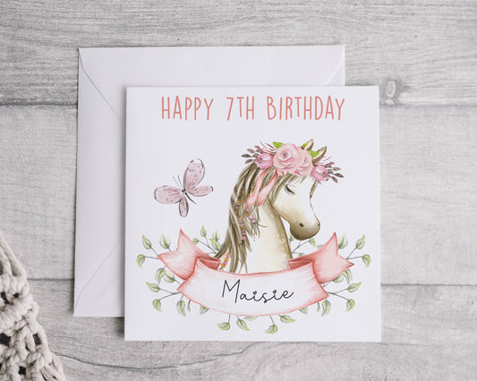 Personalised Pony Birthday Card, Child's Name & Age