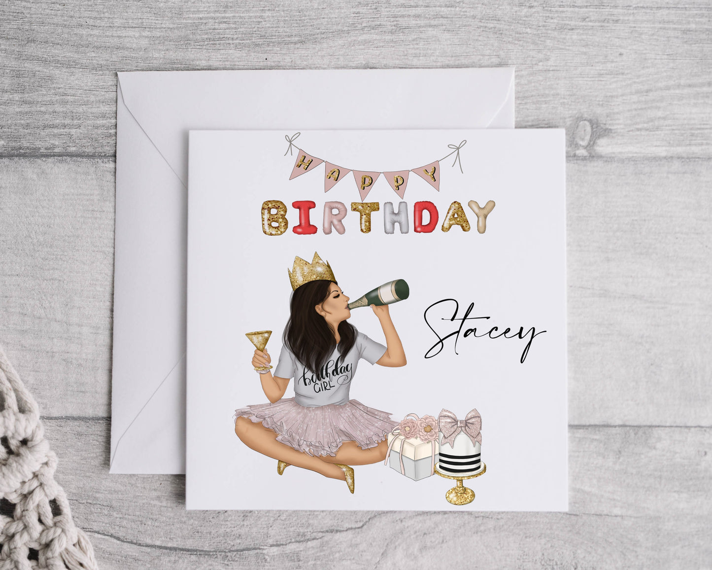 Personalised Birthday Card, Sassy Girl Illustration, Linen Effect