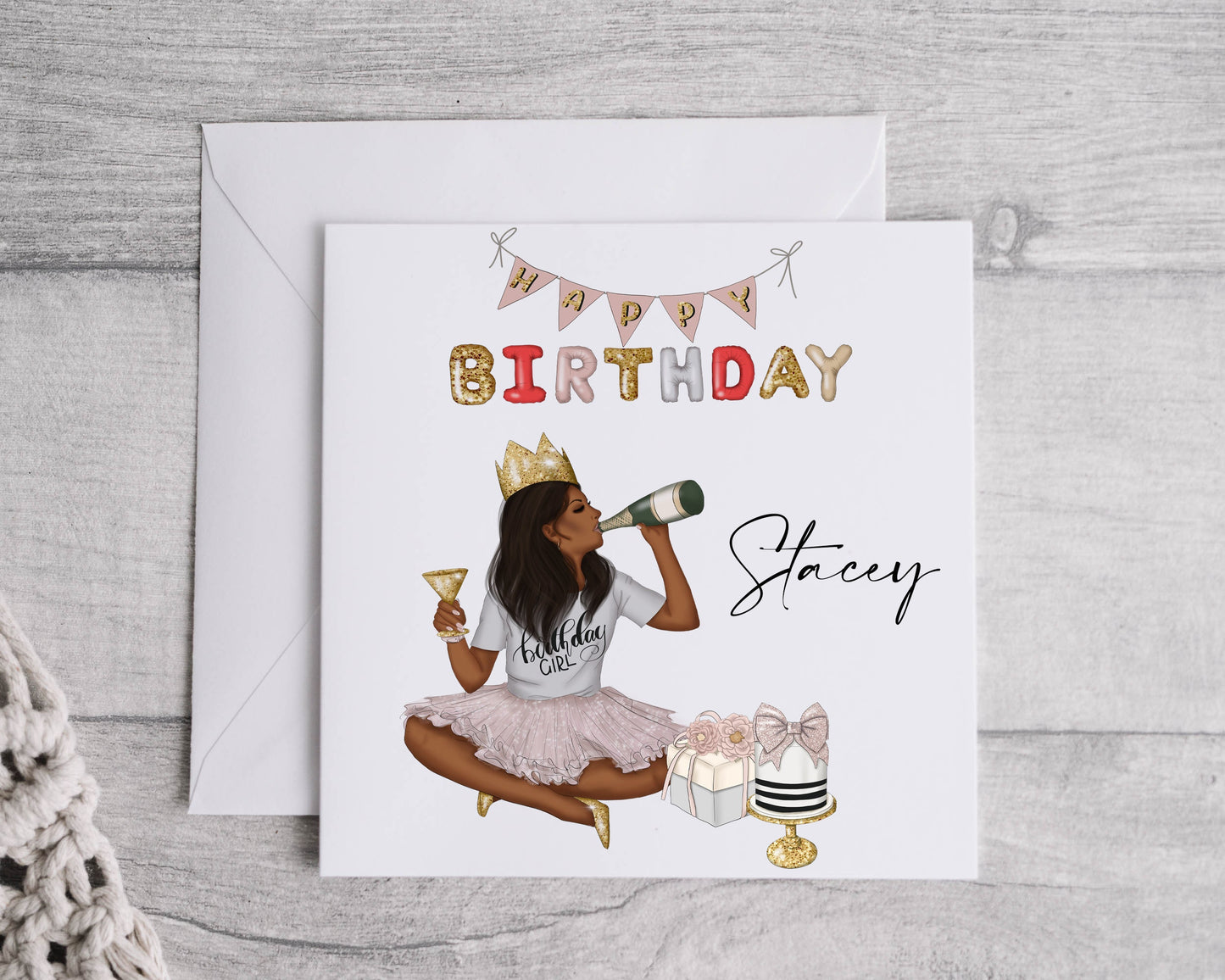 Personalised Birthday Card, Sassy Girl Illustration, Linen Effect
