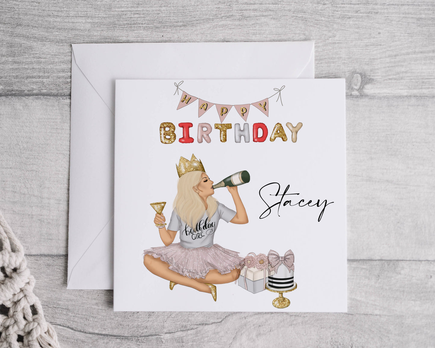 Personalised Birthday Card, Sassy Girl Illustration, Linen Effect
