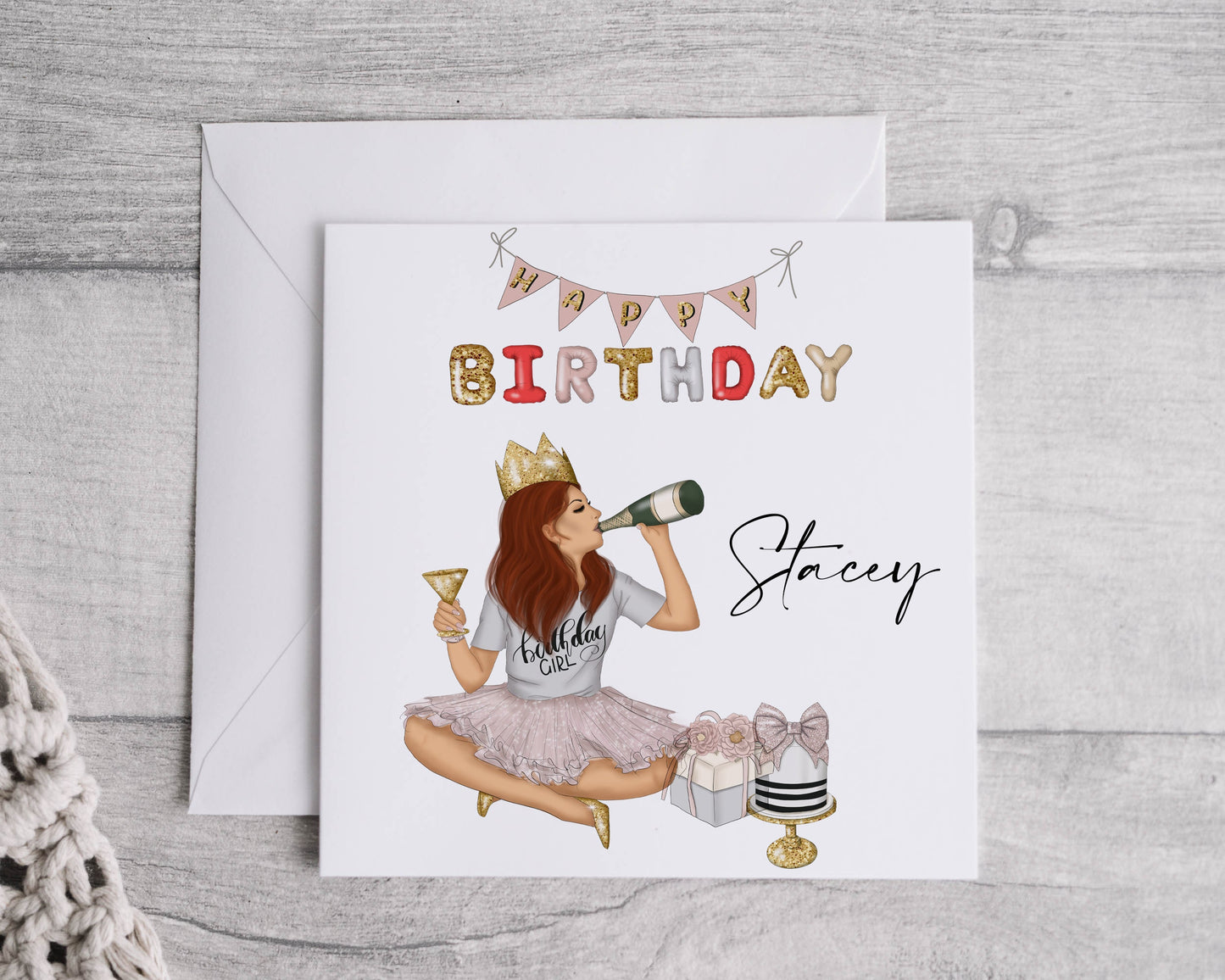 Personalised Birthday Card, Sassy Girl Illustration, Linen Effect