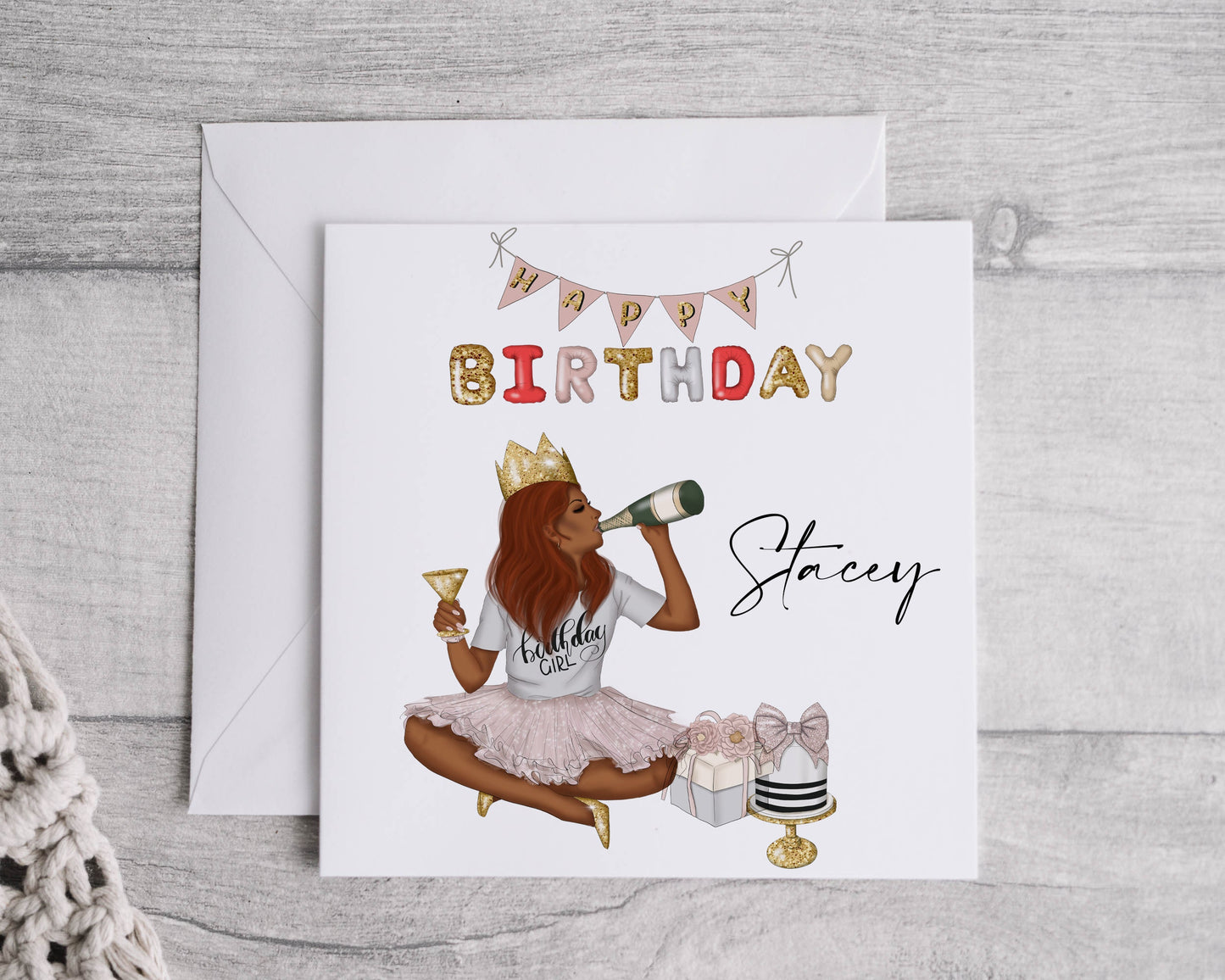 Personalised Birthday Card, Sassy Girl Illustration, Linen Effect