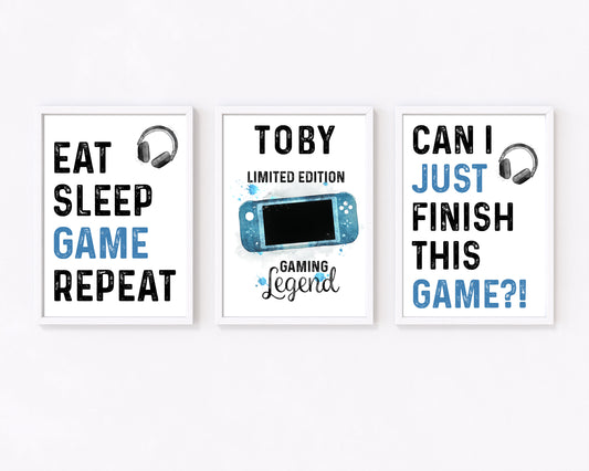 Personalised Gamer Prints, Set of 3, Boys Bedroom Décor