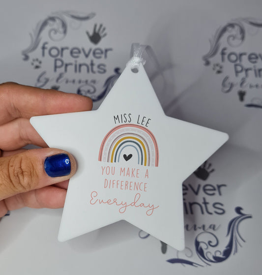 Personalised Teacher Gift, Rainbow Star Hanging Decoration